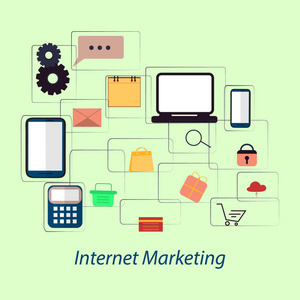 在线的互联网营销理念。数字营销,商店,电子商务购物。平的插图